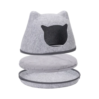 Grau gefilztes Katzenbett mit einem Katzenohrdesign, das ein abnehmbares Kissen und einen runden Eingang hat.