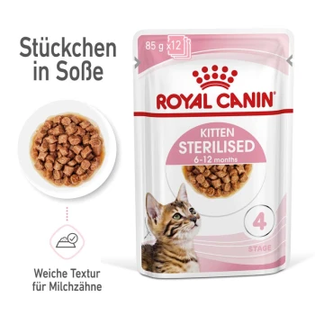KITTEN STERILISED in Soße 12 x 85g Royal Canin Kitten Sterilised Nassfutterverpackung mit einem Kätzchenbild, mit Text, der angibt, dass es für 6-12 Monate geeignet ist und eine weiche Textur hat.