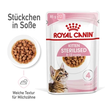 Royal Canin Kitten Sterilised Nassfutterverpackung mit einem Kätzchenbild, mit Text, der angibt, dass es für 6-12 Monate geeignet ist und eine weiche Textur hat.