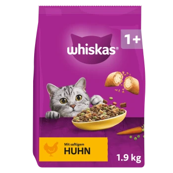 Lila Whiskas Katzenfutterbeutel mit grauer getigerter Katze, Futterschüssel, Kennzeichnung „1+“, gelbem Text „Mit saftigem Huhn“ und „1,9 kg“