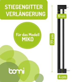 Schwarzes Erweiterungsstück für ein Haustiergitter, beschriftet 'Stiegengitter Verlängerung', entworfen für das Modell MIKO, 77 cm hoch und 10 cm breit.