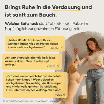 Bild eines glücklichen Hundes, der ein Haustierpflegeprodukt bewirbt mit dem Text: "Spürbarer Unterschied in 21 Tagen!" Fokussiert auf Vorteile für empfindliche Hunde.