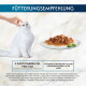 Weiße langhaarige Katze wird gestreichelt neben einem Teller mit Nassfutter; der Text lautet 'Fütterungsempfehlung' und '3 Portionsbeutel pro Tag'.