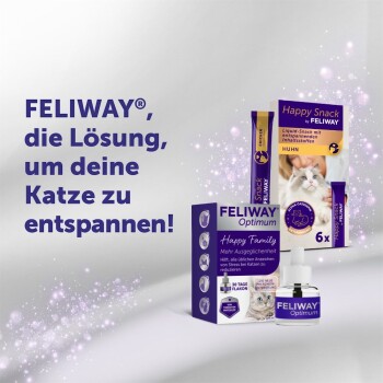 FELIWAY Optimum- und Happy Snack-Verpackung, Katzenfoto, deutscher Text: 'FELIWAY, die Lösung, um deine Katze zu entspannen!'