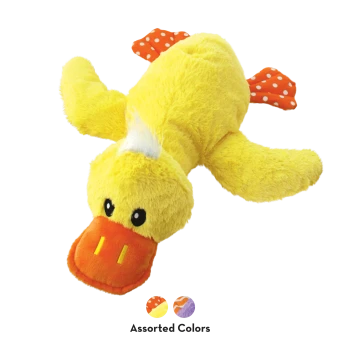 Jouet pour chien en peluche en forme de canard jaune avec bec orange, pattes à pois et touffe blanche ; texte "Couleurs assorties" en dessous.