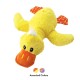 Jouet pour chien en peluche en forme de canard jaune avec bec orange, pattes à pois et touffe blanche ; texte "Couleurs assorties" en dessous.