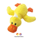 Jouet pour chien en peluche en forme de canard jaune avec bec orange, pattes à pois et touffe blanche ; texte "Couleurs assorties" en dessous.