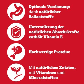 Roter Hintergrund mit vier weißen Symbolen, die Vorteile von Tierfutter zeigen: Verdauung, Immununterstützung, hochwertige Proteine und natürliche Zutaten.