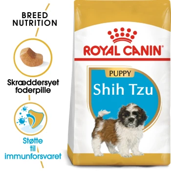 Royal Canin Shih Tzu Welpenfutterbeutel mit einer Illustration eines Shih Tzu Welpen, mit Text über Rassenernährung und Immunsupport.