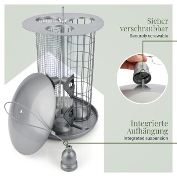 Grauer Metallvogelfutterspender mit drei Saatröhren und Sitzstangen; Text: 'Sicher verschraubbar' und 'Integrierte Aufhängung'.