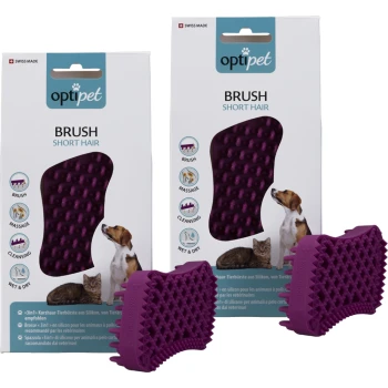 Zwei lila Silikonbürsten für kurzhaarige Haustiere, beschriftet mit "optipet BRUSH SHORT HAIR," mit Symbolen für verschiedene Anwendungen.