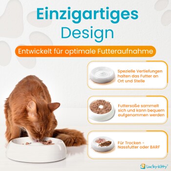 Orangene Katze isst aus einer weißen Schüssel; deutscher Text: 'Einzigartiges Design: Entwickelt für optimale Futteraufnahme'.
