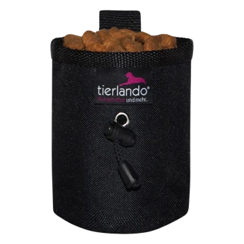 Schwarze Stoff-Haustierfuttertasche, gefüllt mit Trockenfutter, mit einem Tierlando-Logo und einem Kordelzugverschluss.