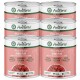 Sechs Dosen AniForte Pure Nature Hundefutter mit pinken Etiketten, die "Single Protein", "Frisches Fleisch" und "Hohe Qualität" hervorheben, hergestellt in Deutschland.