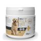 Behälter von REAVET Fell & Haut Harmonie-Pulver für Hunde, 250g, mit einer Illustration eines Golden Retrievers und dem Etikett 'Hergestellt in Deutschland'.