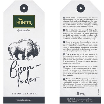 Etikett für Bisonleder von Hunter, mit einer Bison-Illustration, Beschreibungen in mehreren Sprachen und dem Webseitenlink www.hunter.de.