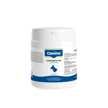 Weiße Dose mit der Aufschrift "Canina CANHYDROX GAG TABLETTEN FÜR HUNDE" und blauer Hundesilhouette auf blau-weißem Etikett.