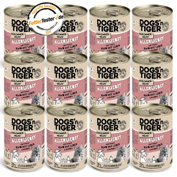 Zwölf Dosen DOGS'n TIGER Haustierfutter, beschriftet mit 'Schlemmer-Menü Allerliebst', mit Rindfleisch, Gemüse und Kürbis, 70% Fleischanteil.