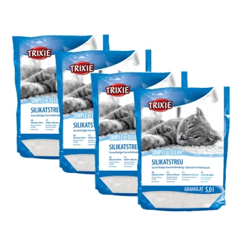 Vier Säcke Trixie Simple & Clean Silikat Katzenstreu, mit einer schlafenden Katze auf der Vorderseite, mit Text, der die Geruchskontrolle und die wirtschaftliche Nutzung hervorhebt.