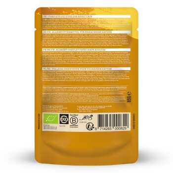Vollwertiges Haustierfutter für erwachsene Katzen, 85 g Packung, mit mehreren Sprachen auf der Rückseite, einschließlich Nährwertinformationen und Zutaten.