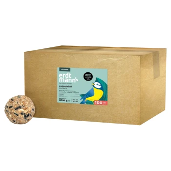 Schachtel mit Erdtmanns klassischen Fettknödeln für Vögel, 8500g, 100 Stück, mit blau-gelber Vogelillustration auf dem Etikett.