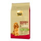 Hundefutterverpackung mit einem goldenen Cocker Spaniel, beschriftet mit "SELECT GOLD MEDIUM ADULT Sensitive" mit Zutaten aus Ente und Kartoffel.