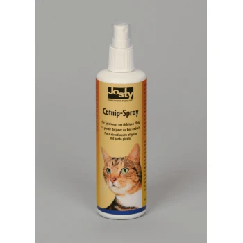 Cat-Nip Spray 200 ml Eine Flasche Josty Katzenminze-Spray mit einem Nahaufnahmebild eines Katzenkopfes auf dem Etikett, mit Text in mehreren Sprachen.
