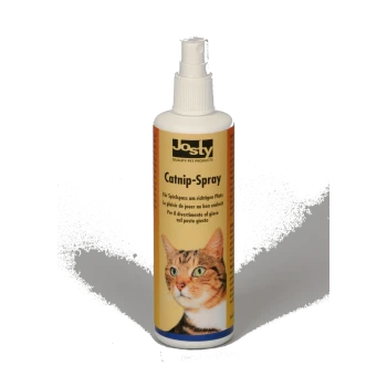 Eine Flasche Josty Katzenminze-Spray mit einem Nahaufnahmebild eines Katzenkopfes auf dem Etikett, mit Text in mehreren Sprachen.