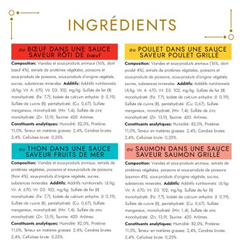 Panneau des ingrédients intitulé « INGRÉDIENTS » avec quatre encadrés colorés de saveurs : au bœuf rôti, au poulet grillé, au thon fruits de mer, au saumon grillé et texte de composition