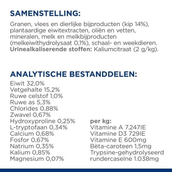 Tabelle mit Zutaten und Nährwertinformationen für Haustierfutter, die die Zusammensetzung, analytische Komponenten und den Vitamingehalt auf Niederländisch detailliert.