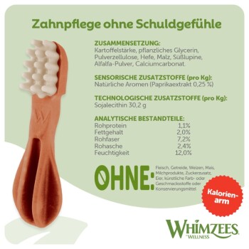 Oranger zahnbürstenförmiger Hundekausnack mit weißen Borsten; Text 'Zahnpflege ohne Schuldgefühle, Kalorien-arm', Whimzees-Logo