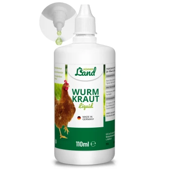 Flüssige Wurmbehandlung für Hühner in einer 110ml Flasche, mit der Aufschrift "Wurm Kraut," hergestellt in Deutschland, mit einer Hühnergrafik.