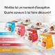 Packs de nourriture pour chats Purina Gourmet en quatre saveurs (Thon, Saumon, Bœuf, Poulet) avec un titre en français.