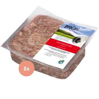 Verpacktes rohes Haustierfutter mit der Bezeichnung "proCani Rind Geflügel Knorpelmischung," mit einer rosa Fleischmischung, mit einem Hinweis, der "8x" angibt.