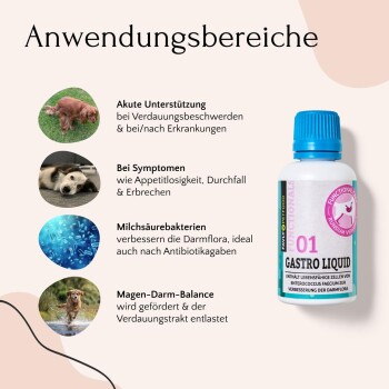 Flasche "Gastro Liquid" für Haustiere, mit Text, der die Verwendung zur Unterstützung der Verdauung, Linderung von Symptomen und Verbesserung der Darmgesundheit beschreibt.