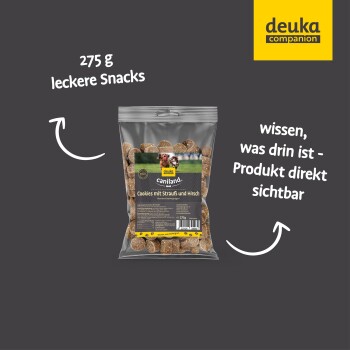 Eine klare Plastiktüte mit 275 g Hundekeksen, beschriftet mit "deuka caniland Cookies mit Strauß und Hirsch."