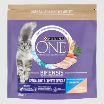 Sac de nourriture pour chats Purina ONE Bifensis, 1,5 kg, avec un chat gris, mettant en avant les avantages pour les mangeurs difficiles et la santé digestive.