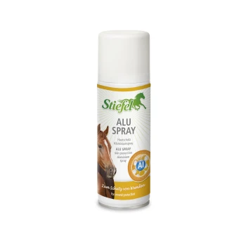 Alu Spray von Stiefel, ein Aluminiumschutzspray für Pferde, mit einem Pferdebild und Text in Deutsch und Englisch.