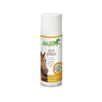 Alu Spray von Stiefel, ein Aluminiumschutzspray für Pferde, mit einem Pferdebild und Text in Deutsch und Englisch.