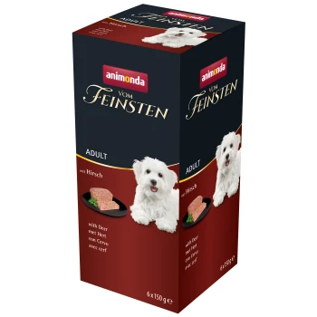 Verpackung für Animonda Vom Feinsten Hundefutter, mit einem weißen Hund und einem Teller mit Fleisch, beschriftet mit 'Adult mit Hirsch' und 'mit Hirsch.'