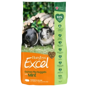 Burgess Excel Guinea Pig Nuggets with Mint, featuring two guinea pigs in a natural setting, highlighting 92% of ingredients from natural sources.