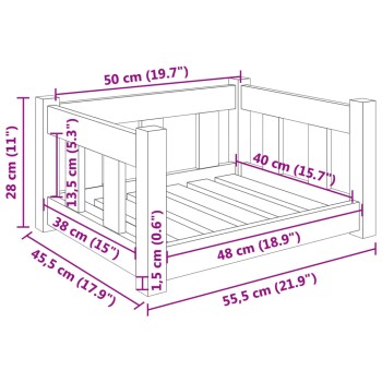 Illustration eines Haustierbettes mit in Zentimetern und Zoll beschrifteten Abmessungen, mit einem Holzrahmen und einem Lattenboden.