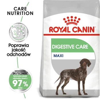 Torba karmy dla psów Royal Canin Digestive Care z sylwetką brązowego psa, z tekstem podkreślającym poprawę jakości stolca i 97% skuteczności.