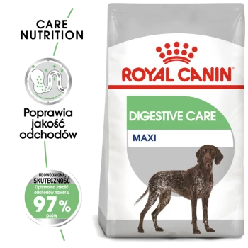 Torba karmy dla psów Royal Canin Digestive Care z sylwetką brązowego psa, z tekstem podkreślającym poprawę jakości stolca i 97% skuteczności.