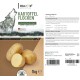 Getrocknete Kartoffelflocken für Hunde, 1 kg Paket, mit einer Wolf-Illustration, Nährwertinformationen und Fütterungsempfehlungen auf Deutsch.