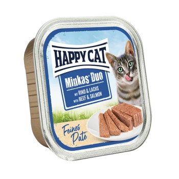 Happy Cat Minkas Duo Katzenfutterverpackung mit einer verspielten Katze, die sich die Lippen leckt, mit Text, der auf Rind- und Lachs-Geschmack hinweist.