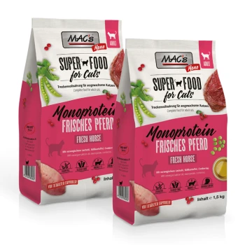 Cat Adult Trockenfutter Mono frisches Pferd 2x1,5 kg Zwei 1,5 kg Tüten MAC's Mono Super Food für Katzen, "Monoprotein Frisches Pferd" mit Lachs, Süßkartoffel und Cranberries.