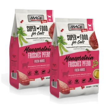 Zwei 1,5 kg Tüten MAC's Mono Super Food für Katzen, "Monoprotein Frisches Pferd" mit Lachs, Süßkartoffel und Cranberries.