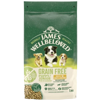 James Wellbeloved Grain Free Puppy Junior dog food bag, rich in turkey & vegetable, 1.5kg, hypoallergenic, for puppies up to 14 months.