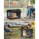 Eine tragbare Haustierbox von Feandrea, mit einem glücklichen Shiba Inu darin, in einem gemütlichen Wohnzimmer und einer Outdoor-Camping-Szene.